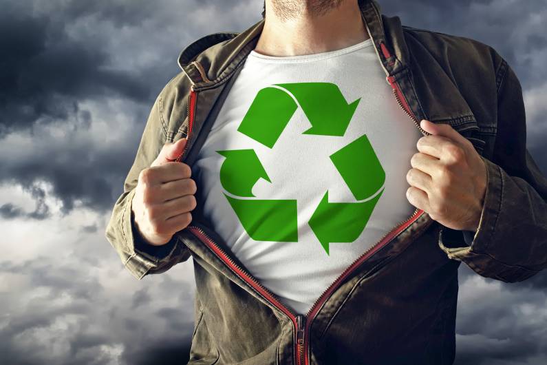 man with recycling symbol on its chest